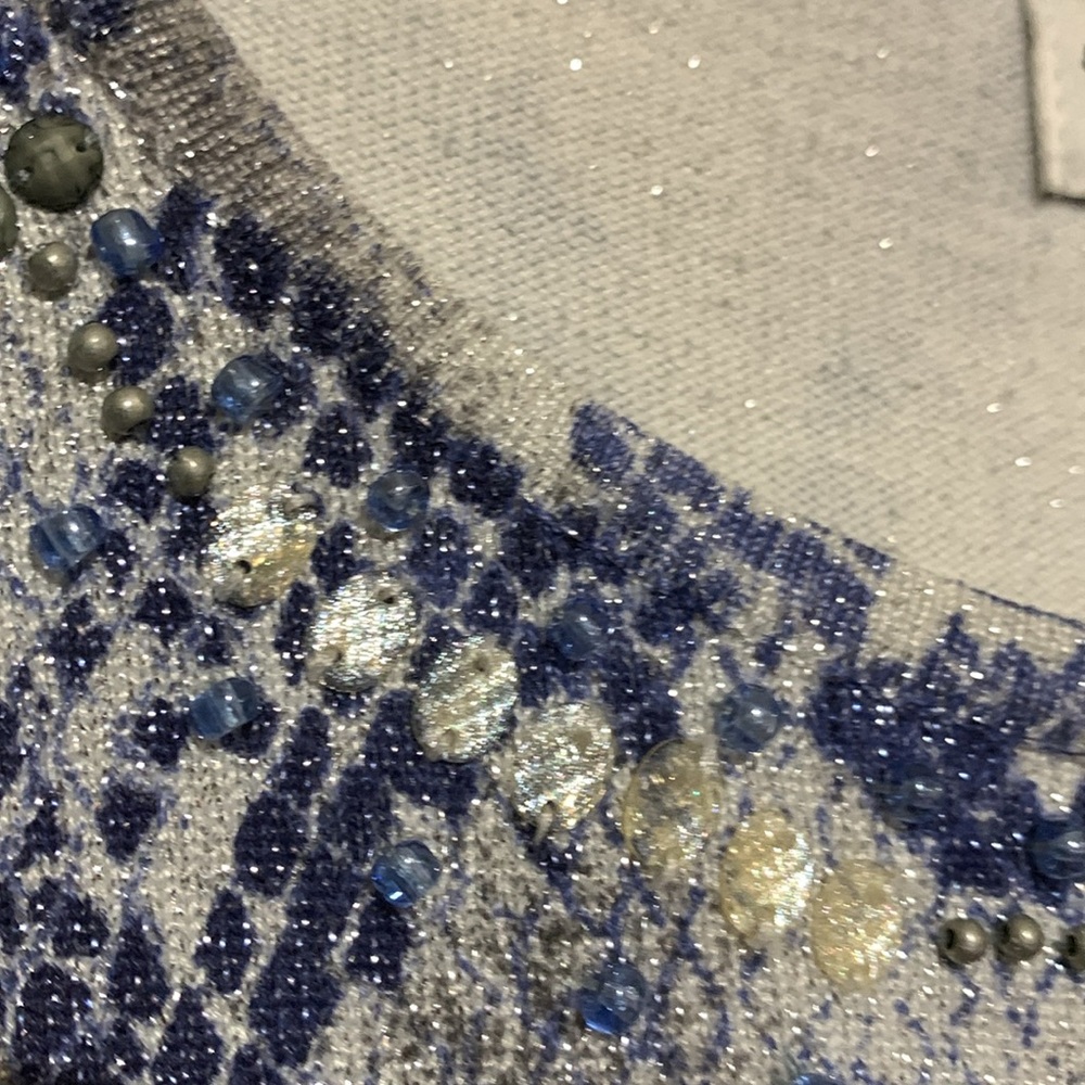 Alfred Dunner Top Blouse M Stretchy Beaded Metallic Pull Over Blue Gray Rayon - Picture 2 of 16